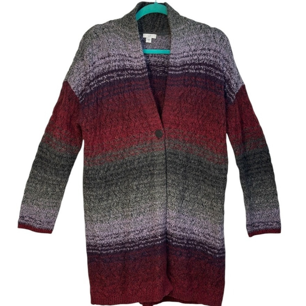J Jill Sweater Ombre Cable Knit One Button Open Front Cardigan Gray Red Purple S